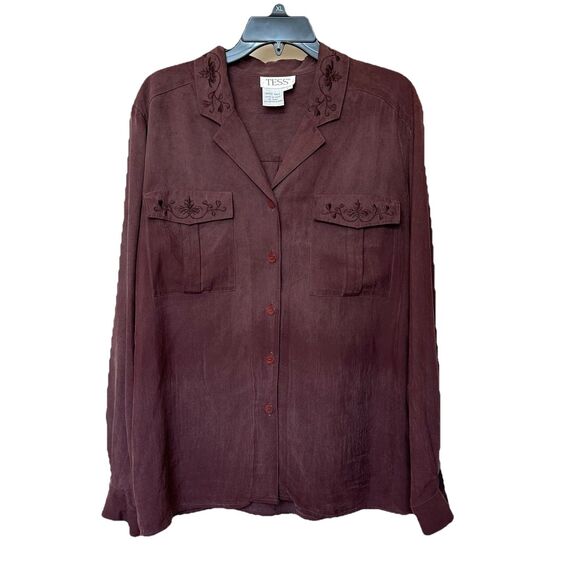 TESS 100% Silk Blouse Lg Long Sleeve Button Up Embroidered Classic Plum - Picture 1 of 5